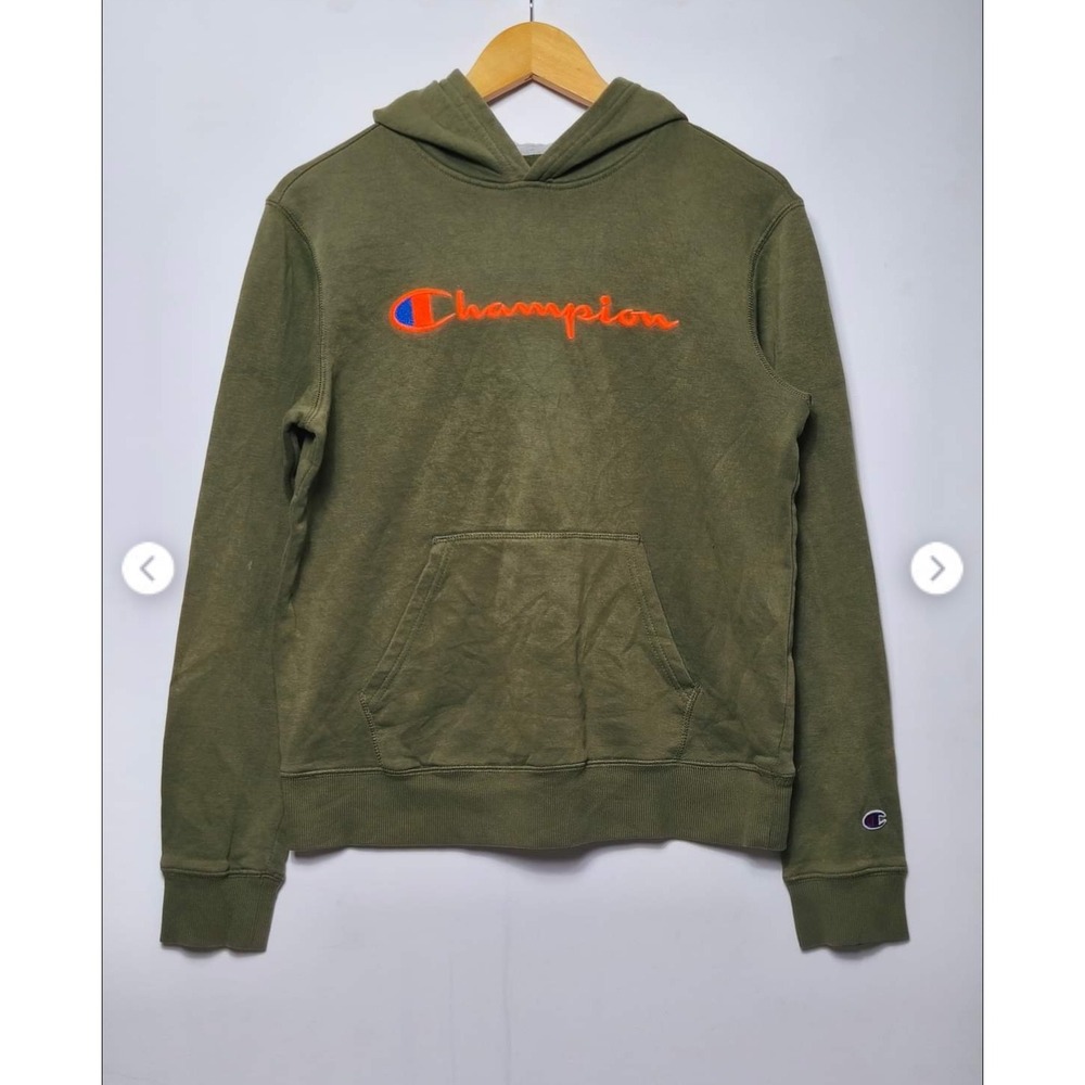(B3) Champion Youth Boys L Olive Green Orange Script Logo Fleece Hoodie Pullover